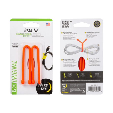 Nite-Ize Gear Tie Reusable Rubber Twist Tie - 2 Pack Orange